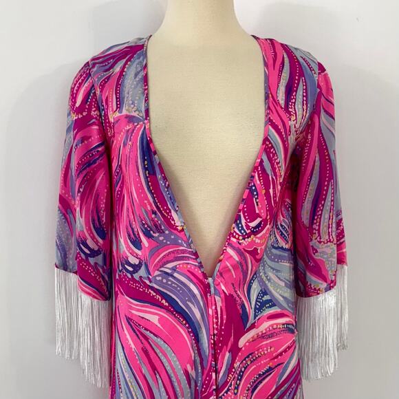 Lilly Pulitzer Noelle Silk Kimono Coverup Magenta Oh My Guava Fringe XS NWT - Picture 3 of 13
